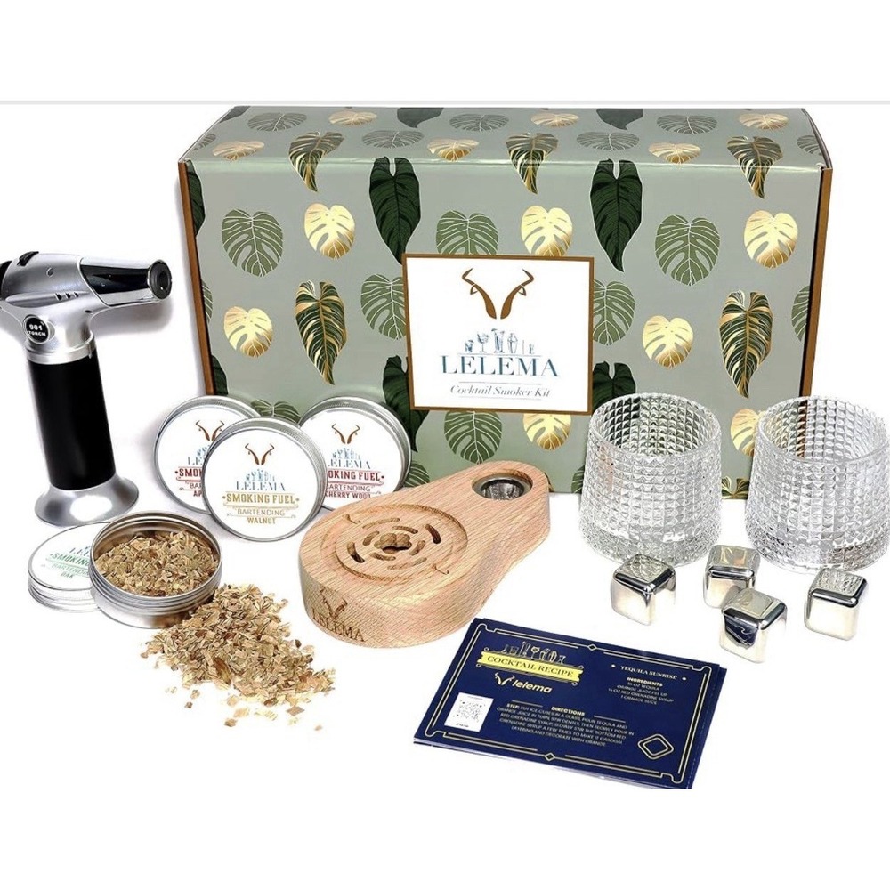 Old Fashioned Cocktail Smoker Kit Torch 4 Flavors Wood Chips 2 Whiskey Glasses